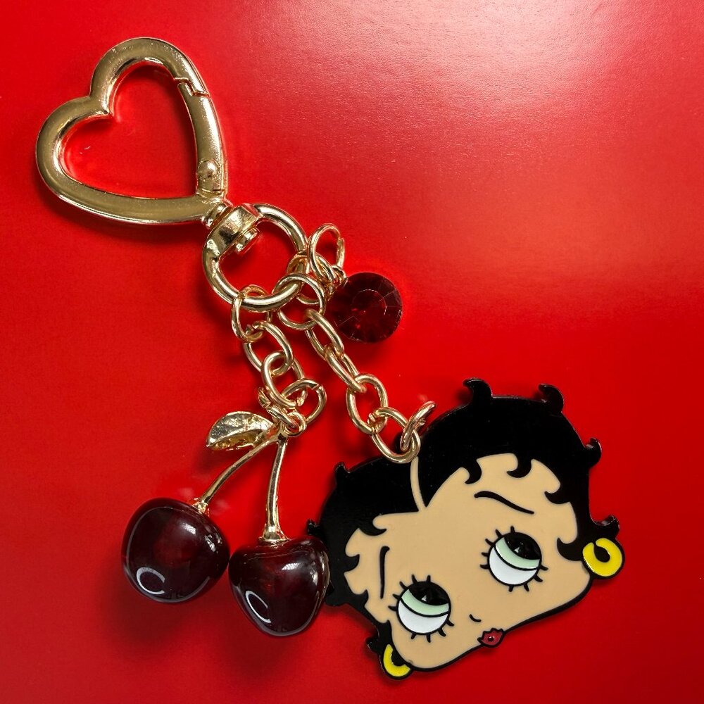Betty Boop Cherry Head Keychain with Gold Heart Clasp & Red Crystal Charm NWT